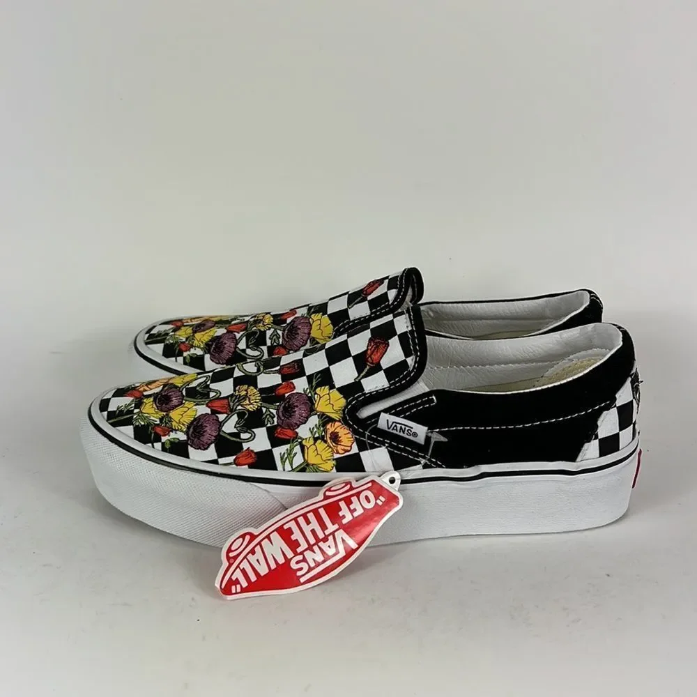 Vans black white floral multi classic slip on platform sneakers women’s 8_4